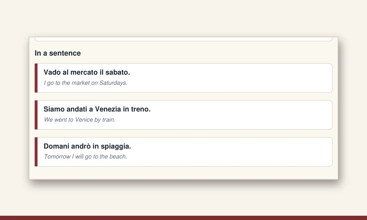 Italian verb map with three example sentences for the verb