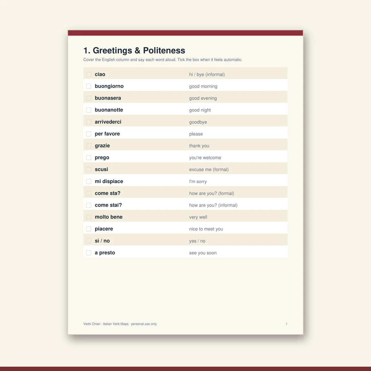 A themed vocabulary sheet from the Verbi Chiari bundle